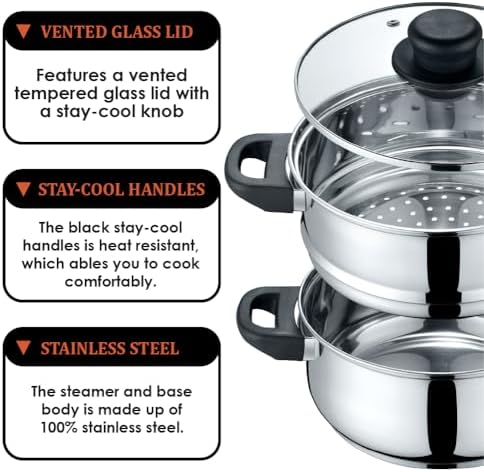 CONCORD 3 Quart Stainless Steel 3 Piece Steamer Cookware Set. Features 2 Quart Veggie Steamer and 3 Quart Cooking Pot with tempered glass lid.