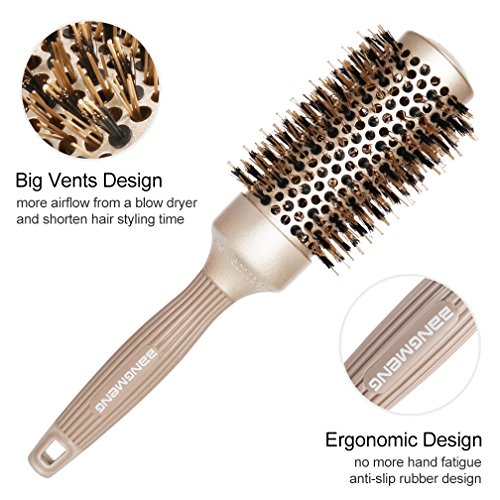 BANGMENG Round Brush with Boar Bristles, 1 inch Barrel, Nano Thermal Ceramic Ionic Tech for Straightening and Blow Drying, Gold