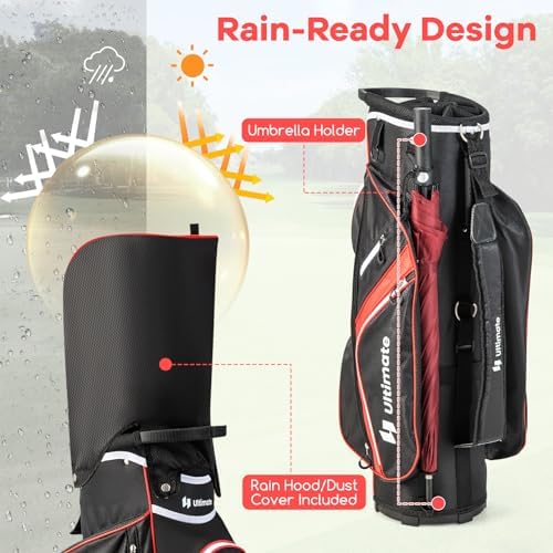 ULTIMATE Golf Cart Bag with 14-Way Top Dividers, Golf Club Bag w/ 9 Pockets incl. Cooler Bag, Rain Hood/Dust Cover, Detachable Shoulder Strap & Carry Handles, Lightweight for Men & Women