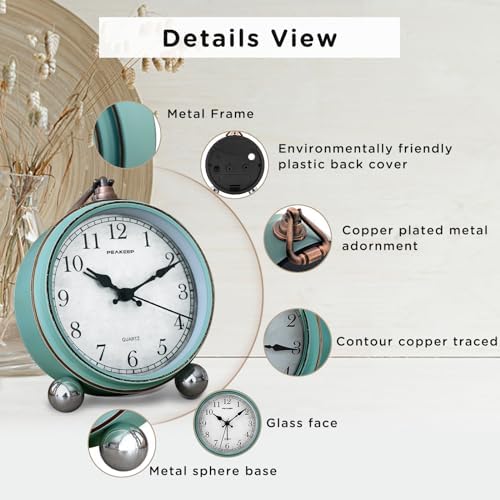 Peakeep 4" Small Battery Operated Analog Alarm Clock, Antique Retro Style