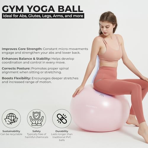Yoga Ball Chair with 65cm Exercise Ball & 2 Resistance Bands, Stability Base for Home Office, Yoga, Pilates & Fitness, Balance Ball for Posture