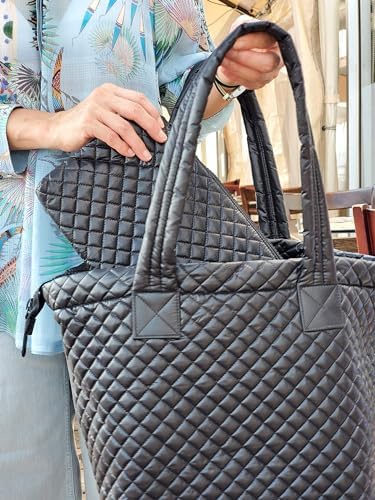 Comfortable Lightweight Large Quilted Zipper Tote with Pouch water repellent Black