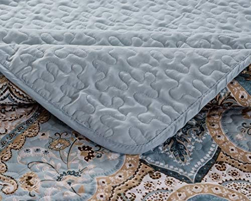 Luxury Home Collection 3 Piece Full/Queen Quilted Reversible Coverlet Bedspread Set Floral Printed Blue Taupe