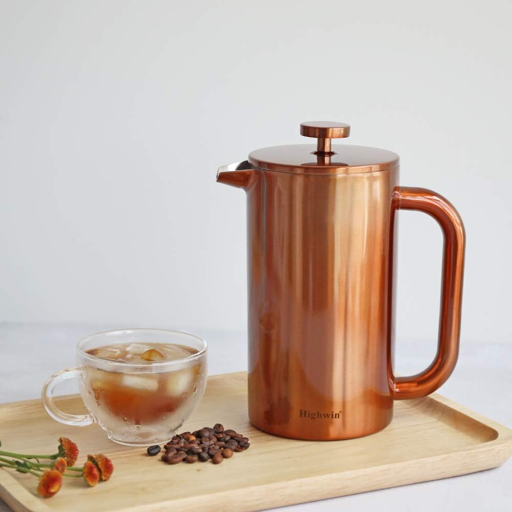 8-Cup Double Wall Insulated Stainless Steel French Coffee Press, 32-Ounce Durable Coffee Tea Maker with Stainless Steel Plunger, Copper