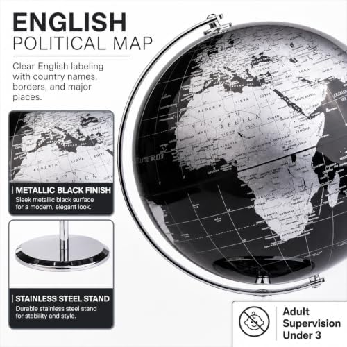 EXERZ 5.5 Inches Mini World Globe Black Rotating Desktop Globe | With Stainless Steel Base for Home Office School
