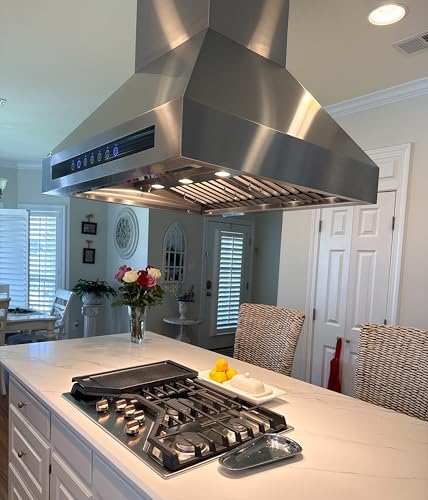 PROLINE 36-Inch Professional Island Range Hood, Ducted, 1200 CFM, Stainless Steel, LED Lights, LCD Touch Control, ULTRA-QUIET Blower Motor, 4 Speed