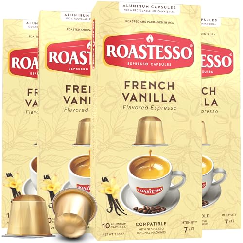 Roastesso, Aluminum Espresso Capsules, Flavors Variety Pack, Natural Flavored Coffee Pods with French Vanilla, Caramel, Chocolate & Hazelnut