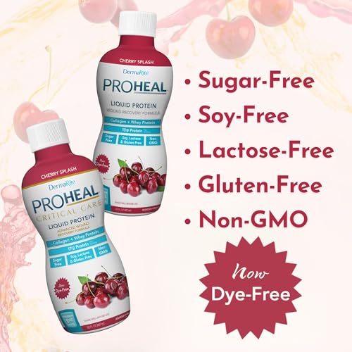 DermaRite ProHeal Protein Supplement, Cherry Splash Flavor, 30 oz, 1 ct | Liquid Protein Wound Recovery Formula, 15g of Collagen and Whey Protein