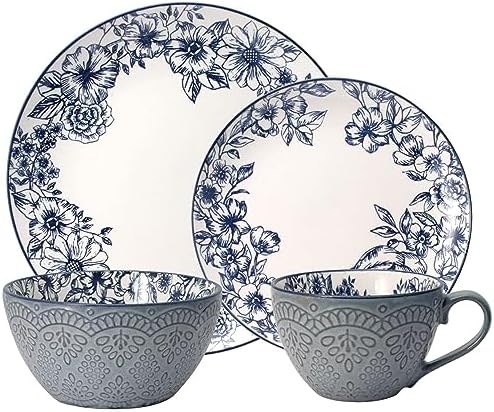 Pfaltzgraff Gabriela Blue 16-Piece Dinnerware Set, Service for 4, Durable Stoneware Plates, Bowls, and Mugs with Elegant Blue Pattern, Dishwasher Safe