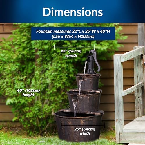 Alpine Corporation 40" Tall Outdoor Floor Tiered Rustic Pump and Barrel Water Fountain, Old-Fashioned Waterfall for Garden, Patio, Yard Decor