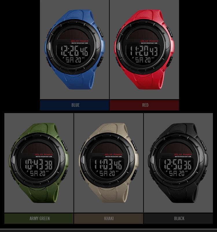 Gosasa Men's Outdoor Sports Multifunction Solar Power LED Digital Watches 50M Water Resistant (Black)
