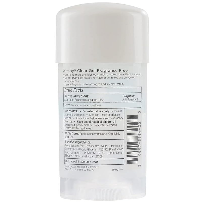 Almay Sensitive Skin Clear Gel Anti-Perspirant & Deodorant, Fragrance Free,2.25 oz(4 Pack)
