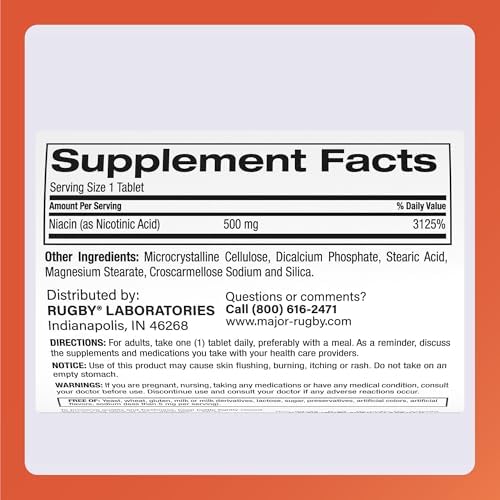 Rugby Niacin 500mg - Vitamin B3 Supplement for Men and Women - 1,000 Tablets (2-Pack)