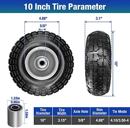 4 Pcs 4.10/3.50-4 Flat Free Tires and Dolly Wheel, 10" Solid Non-inflated Tires Wheels with 5/8 Ball Bearings, 2.24" Offset Hub for Wheelbarrow