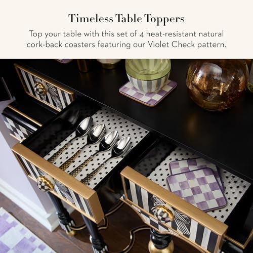 MACKENZIE-CHILDS Square Coasters Set, Black-and-White Courtly Check | Hand-painted design, made from MDF with a cork back, table coasters for drinks, 4" square, set of 4