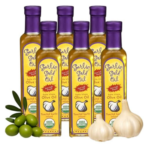 Garlic Gold Extra Virgin Olive Oil Infused with Garlic, Premium Certified USDA Organic, Low FODMAP, Cold Pressed (250 mL, 6 Pack) | 8.44 Fl Oz - 250 ml (6 Pack), First Cold Pressed, Hand Crafted, Artisanal, USDA Organic, Low FODMAP, Gluten Free
