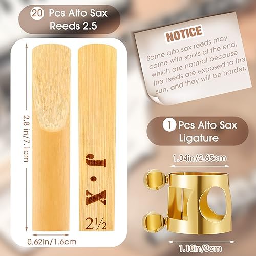 Alto Sax Ligature with 20 Pcs Alto Saxophone Reeds 2.5 Gold Alto Saxophone Ligature with Adjustable Screws Alto Saxophone Ligature Fastener Strength