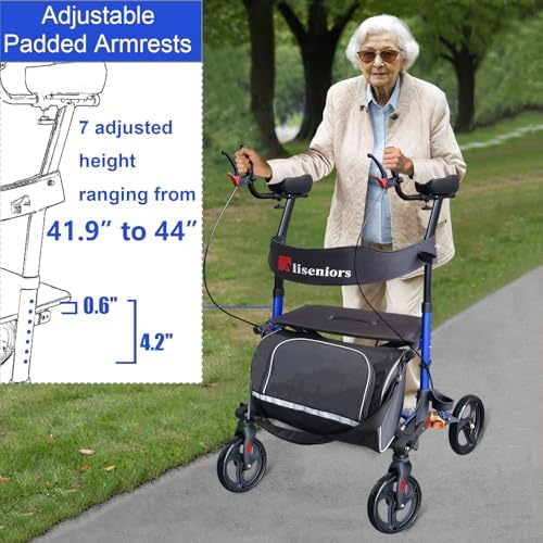 Aliseniors Upright Walker for Seniors - Big Stand Up Walker with Wide Seat, Foldable 4 Wheel All-Terrain Rolling Walker, Adjustable Armrests, 300lbs, Improves Posture & Reduces Back Strain | 20.6" Wide Seat, Foldable Rollator, 8" All-Terrain Wheels, Adju…