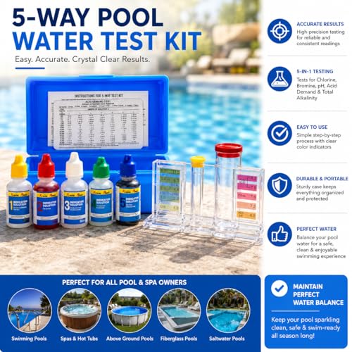 XtremepowerUS 5-Way Swimming Pool Test Kit pH, Chlorine, Bromine, Alkalinity Chemistry Testing with Case Spa, Inground Above Ground Pool Residential