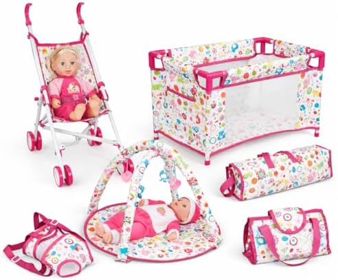 Liberty Imports 5-in-1 Baby Doll Stroller Playset with Doll Included, Foldable Stroller, Playard Playpen, Activity Play Mat, Baby Carrier & Travel Bag