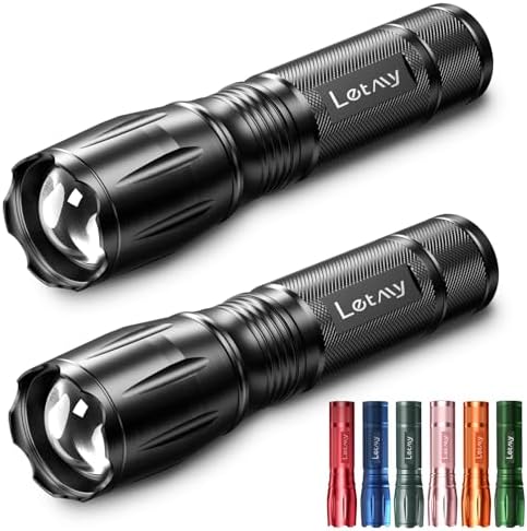 LETMY Tactical Flashlight S2000-2 Pack Bright Military Grade LED Flashlights High Lumens - Portable Handheld Flash Light, 5 Modes Zoomable Waterproof Flashlights for Home Emergency Camping Outdoor