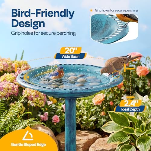 VIVOHOME Bird Bath for Outside, Polyresin Pedestal Birdbath, Green | Weather-Resistant, 20-Inch Bowl, 28-Inch Height, for Outdoor/Garden, Bird-Friendly, Easy to Clean