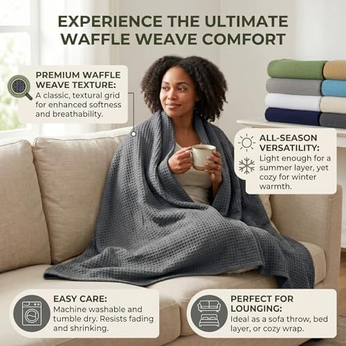 Tex Trend 100% Cotton Waffle Weave Blanket Queen Size - Soft, Breathable Cooling Blanket for Bed, Lightweight Cozy Summer & Spring Bedding, Grey, 90x90