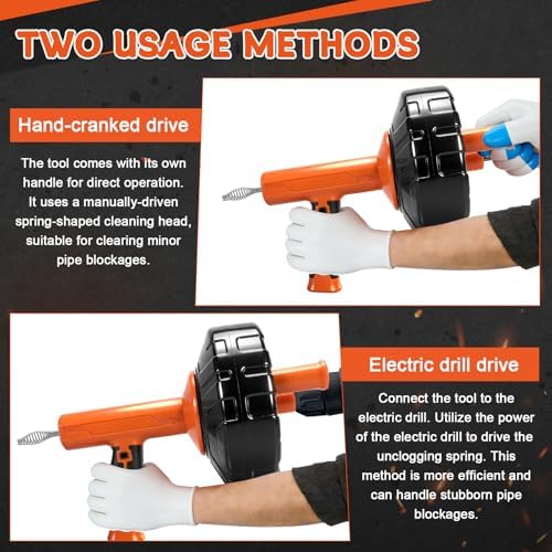 45 FT Drain Snake Auger Manual & Drill Powered Auto Retract | Drill Attachment Adapter, Automatic Feed & Retract Cable