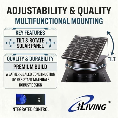 iLiving ILG8G14-12T Automatic Gable Mount Attic Ventilator Fan with Adjustable Thermostat, 2.85 Amp, 2339 CFM, Single-Speed | Automatic