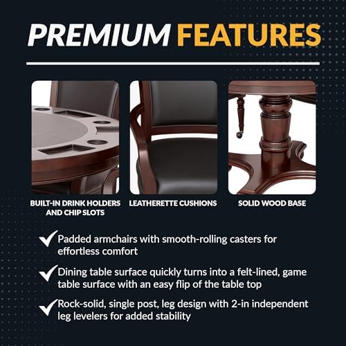 Hathaway Bridgeport 2 in 1 Round Poker Table and Chairs Set for Dining & Game Rooms – Furniture Grade Hardwood, Sturdy Pedestal Legs, Drink Holders