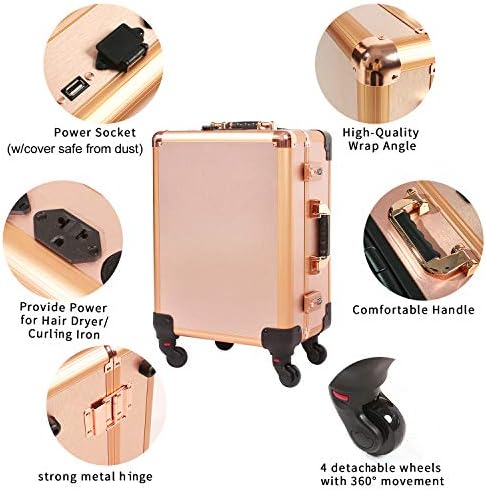 Medium Makeup Train Case with Code Lock, Lighted Mirror, Speaker Travel Cosmetic Organizer Box, Professional Artist Trolley Studio Free Standing Case