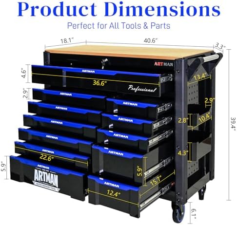 12-Drawer Rolling Tool Chest with Wood Top, Heavy Duty Cabinet | Heavy-duty metal tool chest with 12 drawers