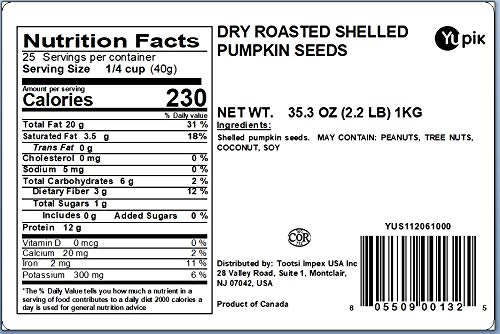 Yupik Dry Roasted Pumpkin Seeds, No Shell, 2.2 lb (35.3 oz), Gluten-Free, GMO-Free, Kosher, Shelled Pepitas, Unsalted, Oil-Free, Plant-Based Protein, Fiber Source, Ideal for Baking & Topping