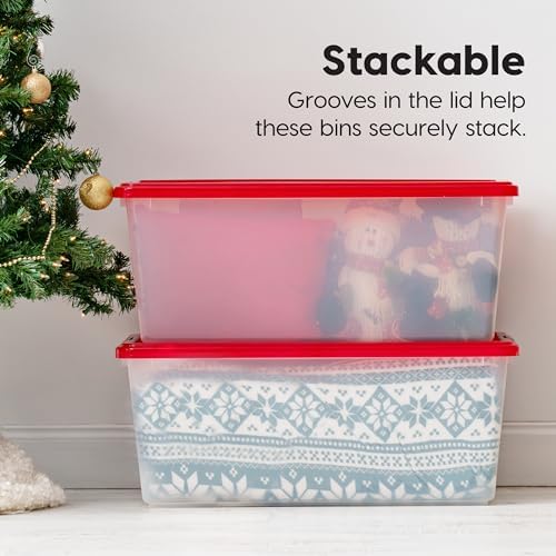 IRIS USA 2-Pack Holiday Ornament Storage Box with Attached Lid, Clear/Red