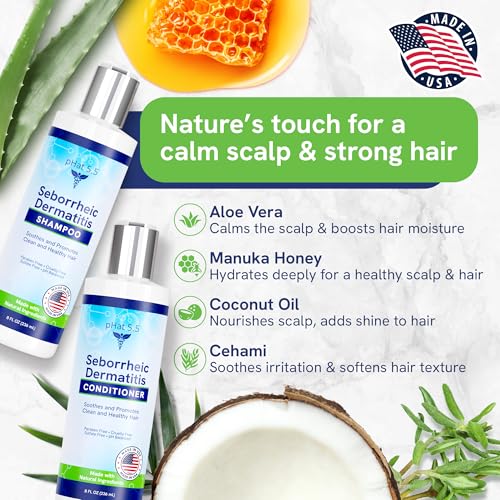 Sulfate Free Shampoo and Conditioner Set for Seborrheic Dermatitis Relief - Severe Dry & Itchy Scalp Treatment with Manuka Honey, Aloe Vera & Coconut Oil - Safe for Color Treated Hair (8 oz)