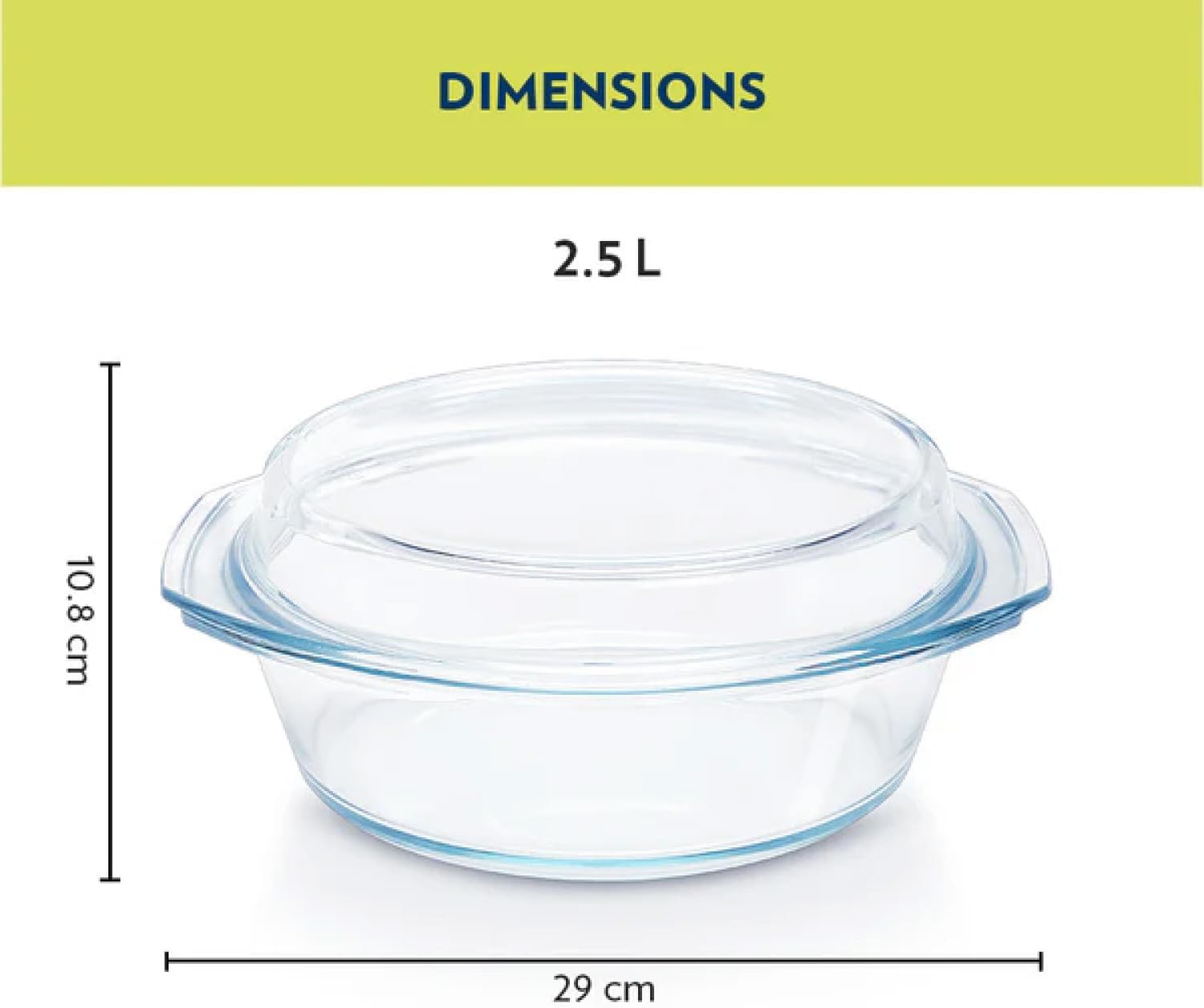 Borosil Glass Casserole - Oven and Microwave Safe Serving Bowl with Glass Lid, 2.5L