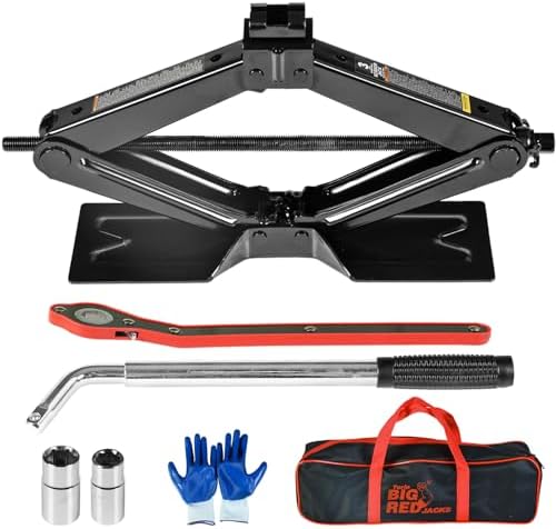 BIG RED T10152 Torin Steel Scissor Lift Jack Car Kit, 1.5 Ton (3,000 lb) Capacity, Red
