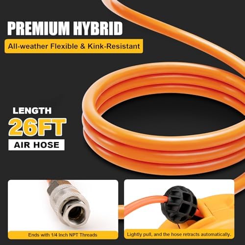 Mini Air Hose Reel With 1/4in. x 26ft. | Retractable Air Compressor Hose for Pneumatic Tools, Auto Rewind, Ceiling/Wall Mount