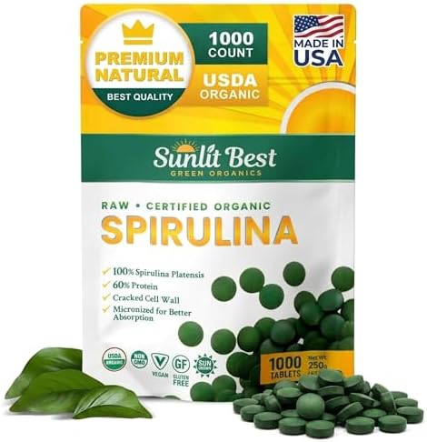 Sunlit Best Organic Spirulina Tablets, Pure Natural Superfood Pills 1000 CT | USDA Certified, 60% Vegan Protein, 18 Amino Acids, Chlorophyll Antioxidants Enzymes, Non GMO, Immune Liver & Energy Support