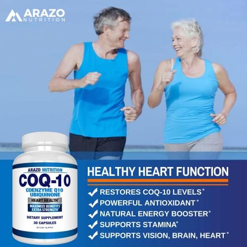 Arazo Nutrition CoQ10 Ubiquinone Coenzyme Q10-200mg Per Serving Maximum Strength Nutritional Supplement - High Absorption Capsules with No Soy