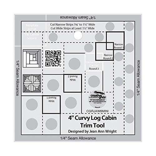 Creative Grids 4in Curvy Log Cabin Trim Tool Quilt Ruler – CGRJAW6MINI – Made in USA, 4-1/2in x 4-1/2in, Non-Slip Grip Acrylic Quilting, Sewing