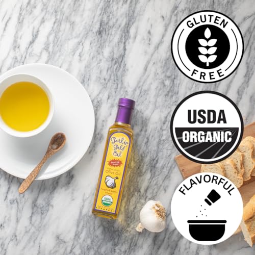 Garlic Gold Extra Virgin Olive Oil Infused with Garlic, Premium Certified USDA Organic, Low FODMAP, Cold Pressed (250 mL, 6 Pack) | 8.44 Fl Oz - 250 ml (6 Pack), First Cold Pressed, Hand Crafted, Artisanal, USDA Organic, Low FODMAP, Gluten Free