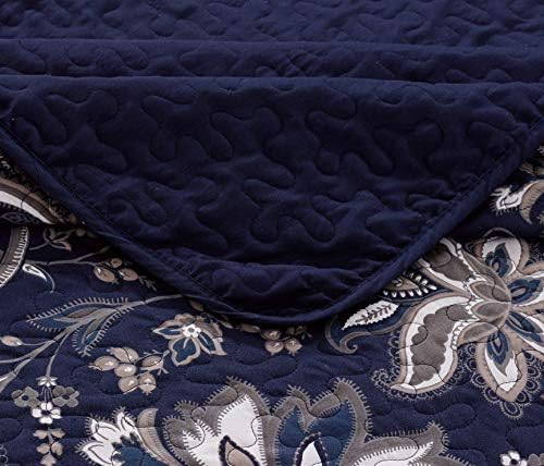 Luxury Home Collection 3 Piece Full/Queen Quilted Reversible Coverlet Bedspread Set Floral Printed Navy Blue White Gray