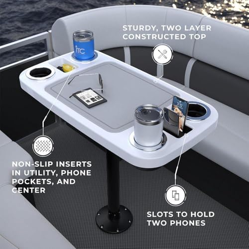 Manufacturers' Select ITC Boat Table Set - 18"x34" Removable Pontoon Boat Table with Center Non-Slip Mat, Pedestal Leg, 4 Drink Holders