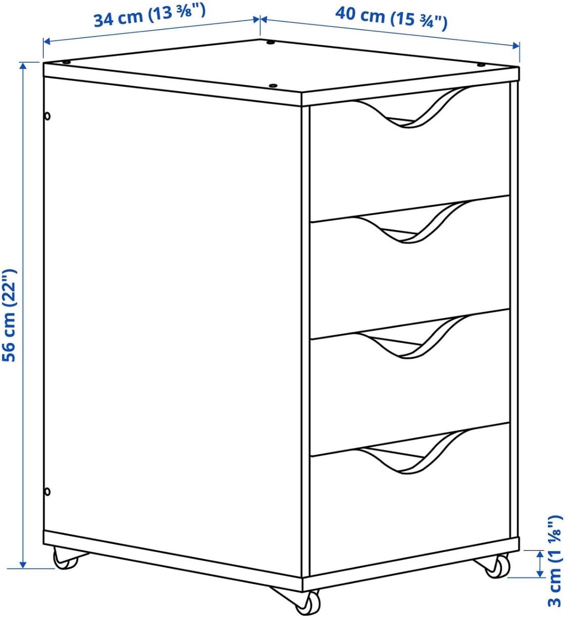 4-Drawer Unit on Casters, White, 13.75 x 22 Inch, Rolling Storage Cabinet