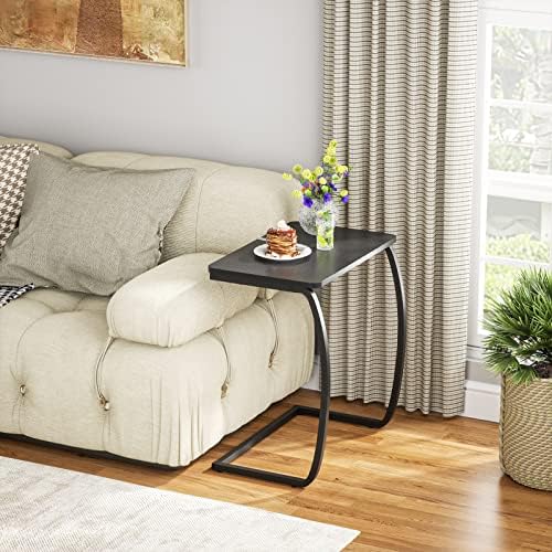 SRIWATANA Walnut C Shaped Side Table, Vintage End Table for Sofa Couch Bed