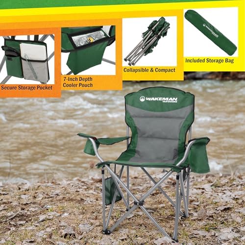 Oversized Camping Chair 300lbs - Heavy Duty Folding Chair with Cooler Pouch and Carry Bag for Camp Sites, Tailgates, or Beach by Wakeman (Blue)