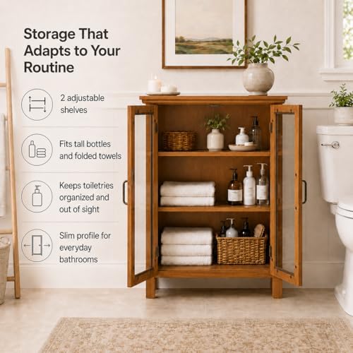Teamson Home Avery Wooden Freestanding Floor Cabinet with 2 Adjustable Shelves 3 Storage Spaces 2 Glass Paneled Doors and 2 Antique Brass Knobs