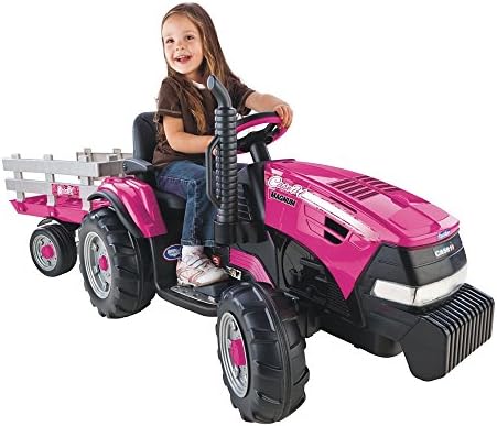 Peg Perego Case IH Magnum Tractor and Trailer Extra-Large 12 Volt Ride on, Pink. Durable Design for Kids Ages 3-7