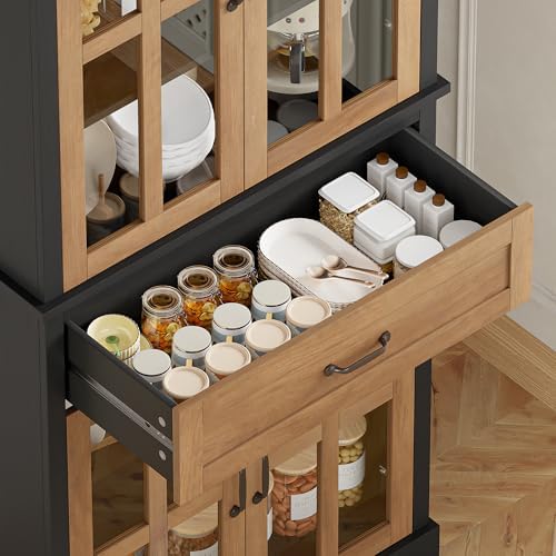 FOTOSOK 71'' Tall Kitchen Cabinet with Glass Doors and Drawer | Freestanding Food Pantry with Adjustable Shelves for Dining, Living Room, Natural